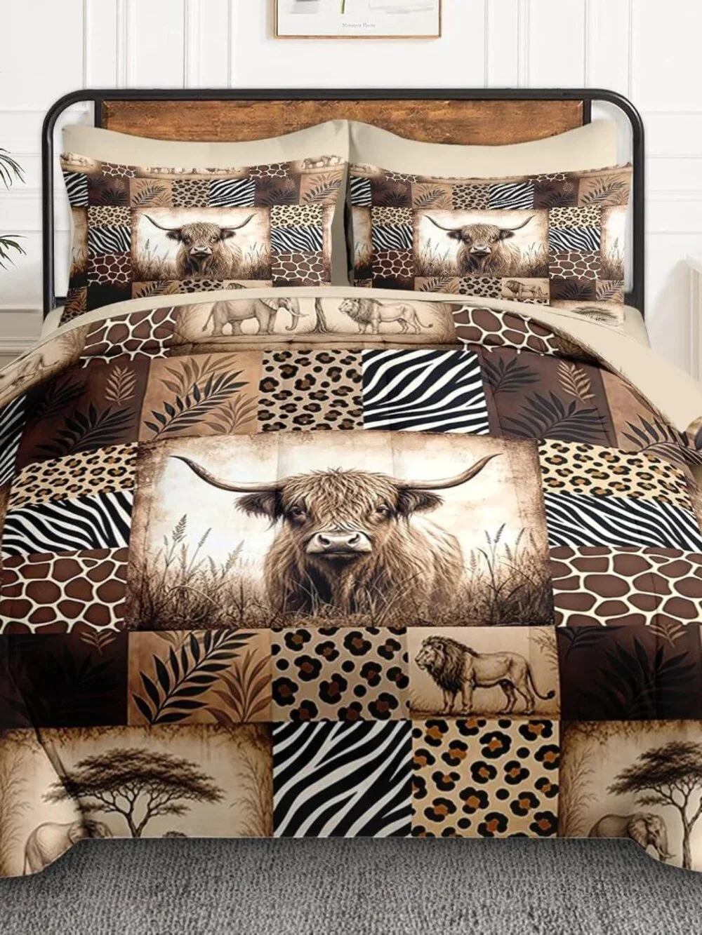 Full Size Comforter Set with 2 Pillowcases & 2 Shams, Highland Cow Leopard 7 Pcs